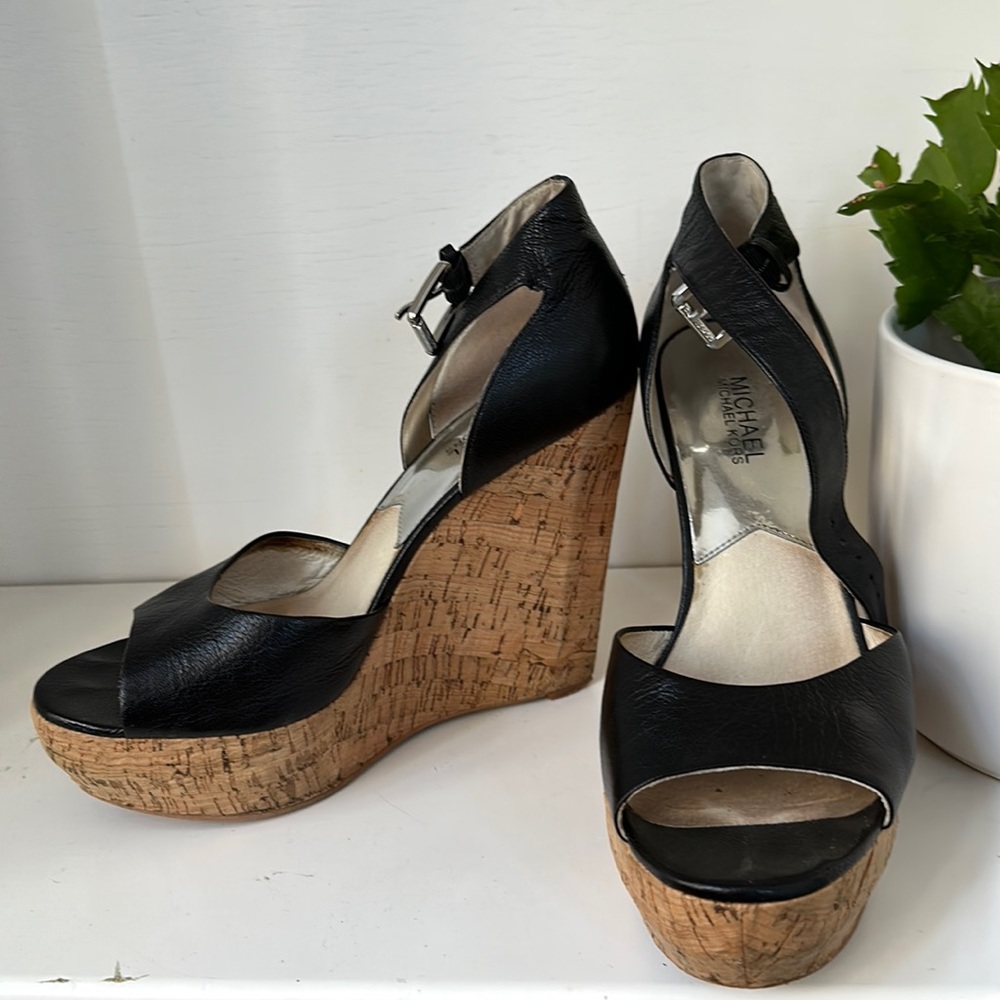 MICHAEL Michael Kors Wedge S9 Black Leather Cork Platform OpenToe AnkleStrap
